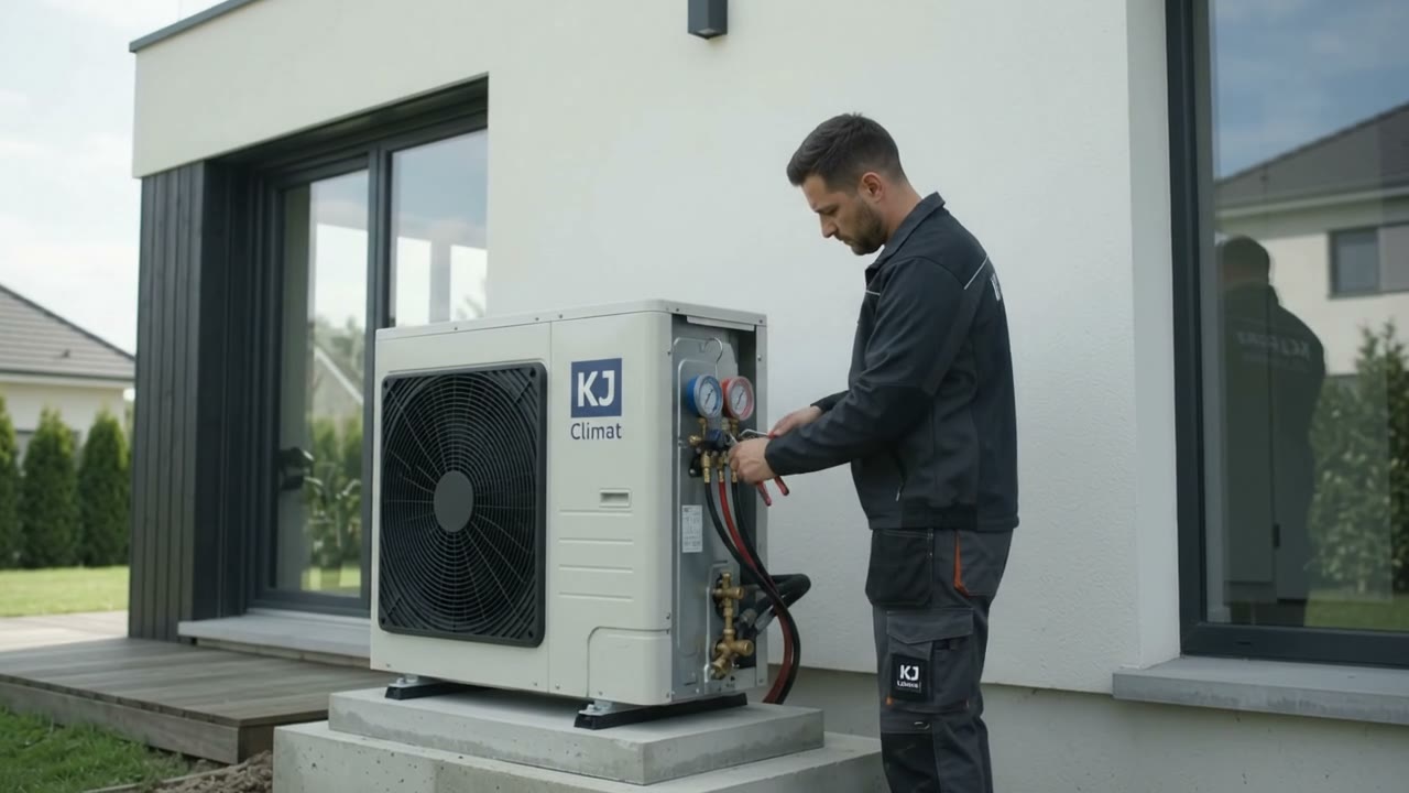 Illustration : technicien intervenant sur une unité extérieure de thermopompe